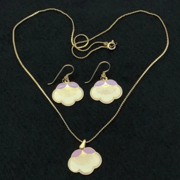 Laurel Burch Plum Blossom: Earrings and Necklace Purple on Gold- RARE & RETIRED! - Picture 3 of 9